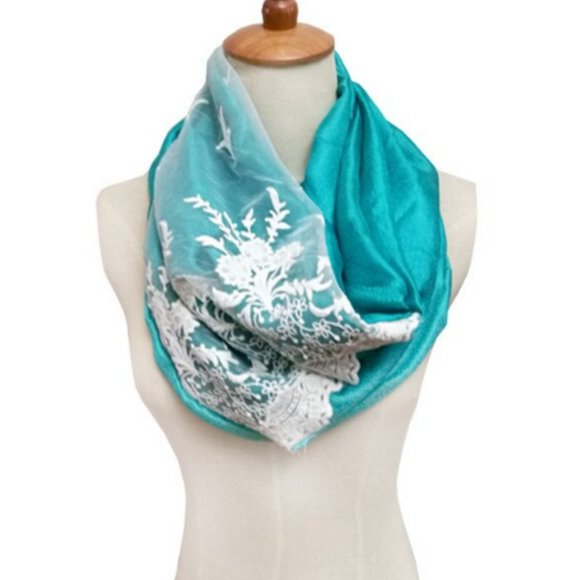Infinity Raw Silk Feeling & Real Lace Scarf - Turquoise - Picture 1 of 1